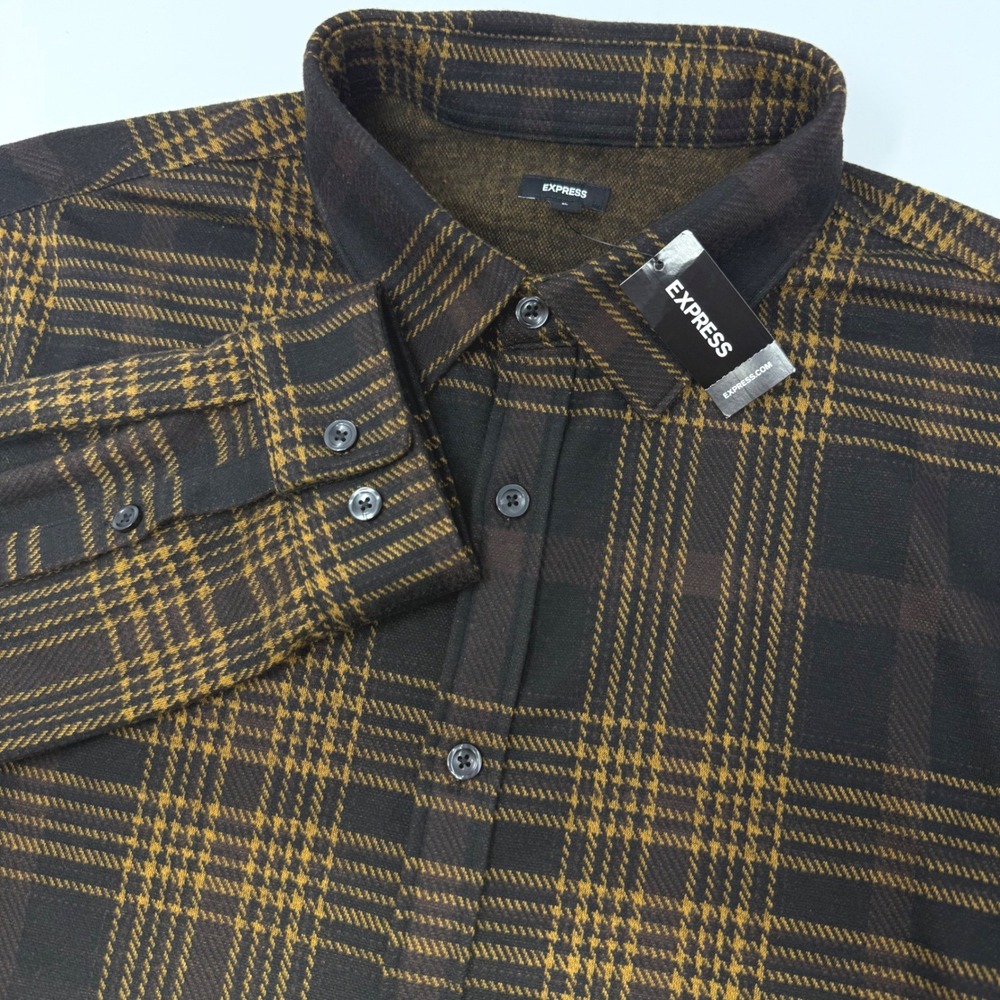 Express Mens XL Brown Black Plaid Knit Button Down Shirt Long Sleeve NEW